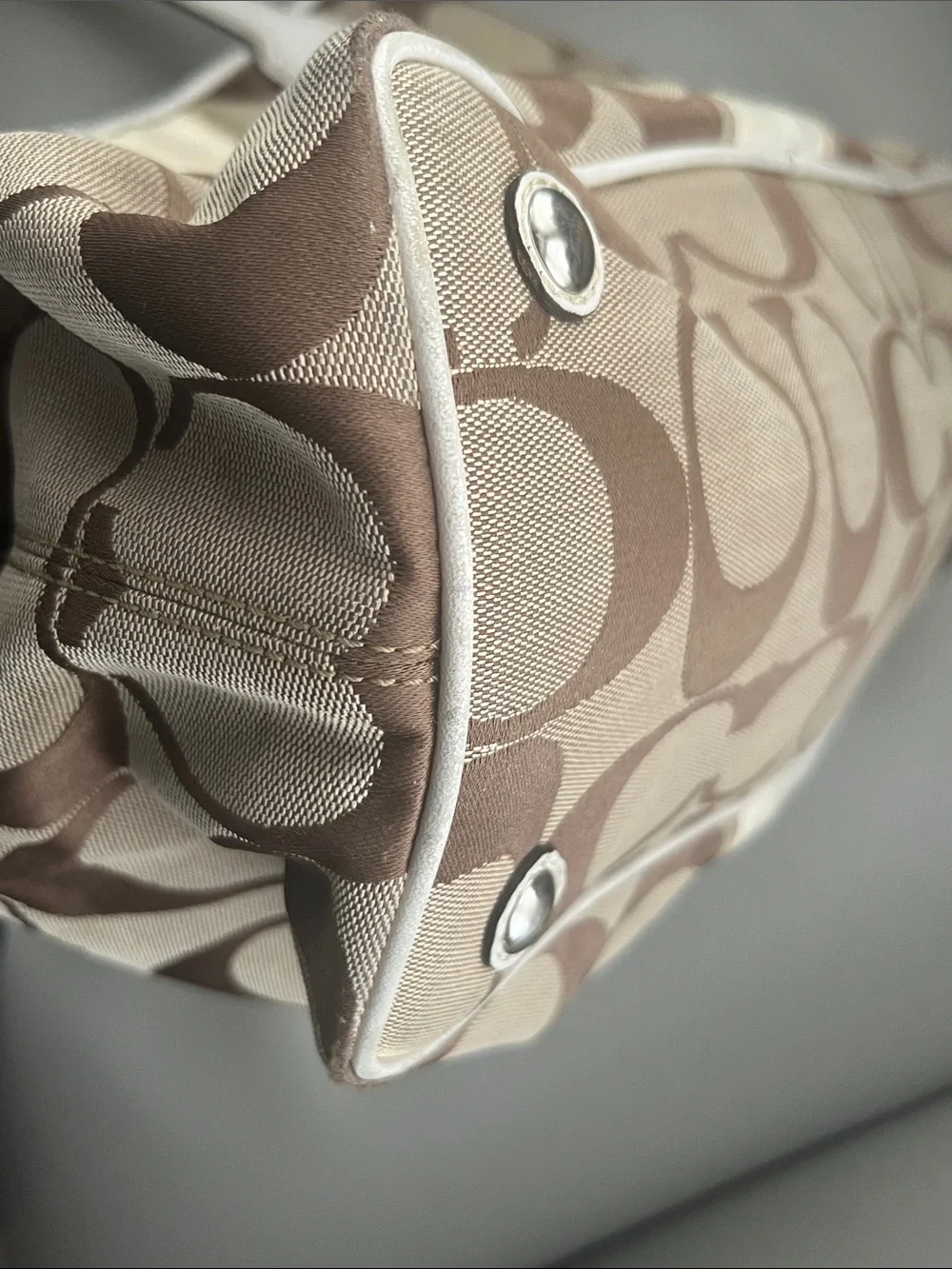 Coach Signature Stripe Kisslock Carryall Cream with Leather Trim
